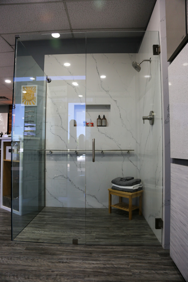 Custom marble walk-in shower built by Orange Cactus Remodeling, serving Gilbert, AZ