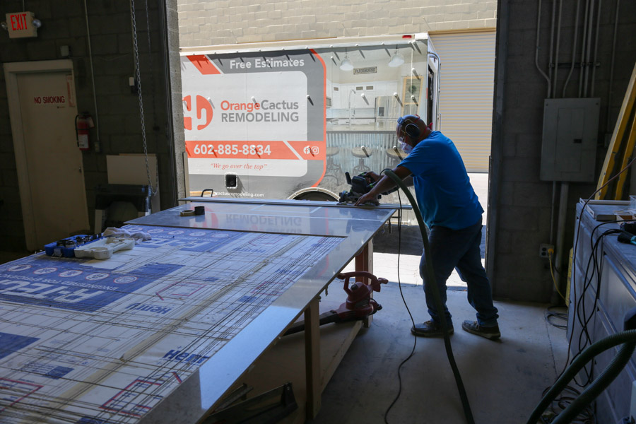 Orange Cactus Remodeling's in-house team fabricating quartz countertops at the Chandler shop — serving Mesa, AZ