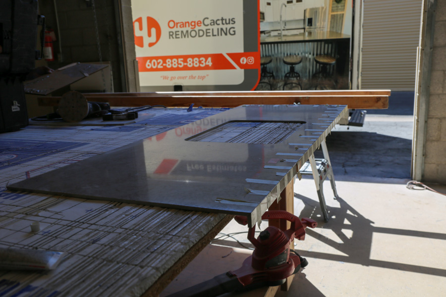 Quartz countertop being custom-fabricated for a kitchen remodel by Orange Cactus Remodeling, serving Tempe, AZ