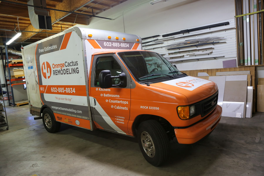 The Orange Cactus Remodeling van loaded at the company's shop for a whole-home remodel, serving Sun Lakes, AZ