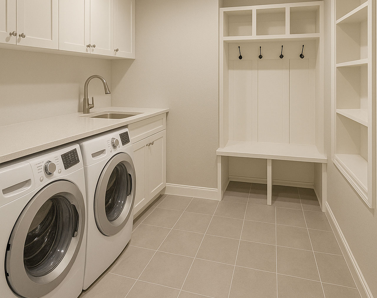 Mudroom and laundry remodel with custom built-in storage and bench seating